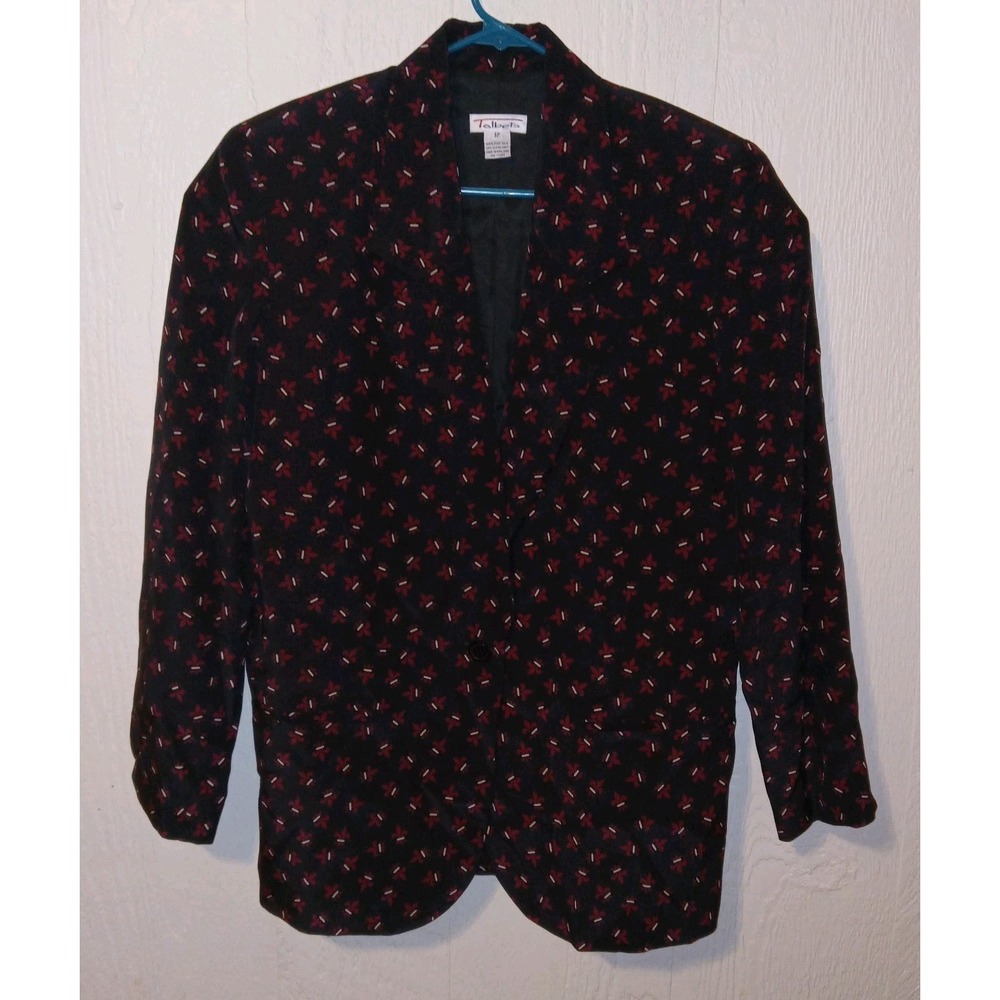 Talbots Blazer Women 12 Black Red Silk Fleur-De-Lis Print Vintage Button Front